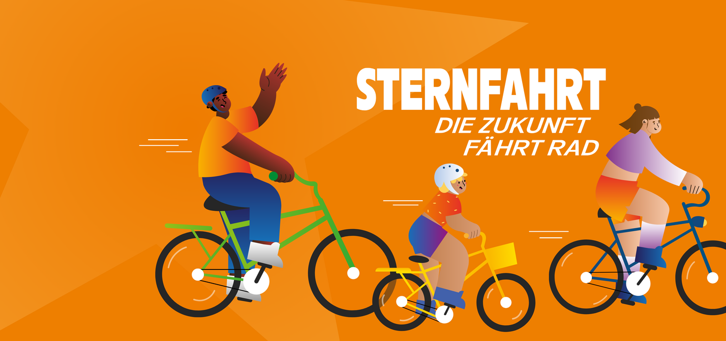 Unteschiedliche Menschen fahren auf Fahrrädern. Darüber steht Sternfahrt: Die Zukunft fährt Rad.