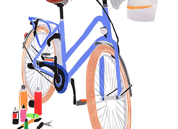 Illustration eines blauen Fahrrads mit Putztuch, Eimer und Reinigungsmitteln.